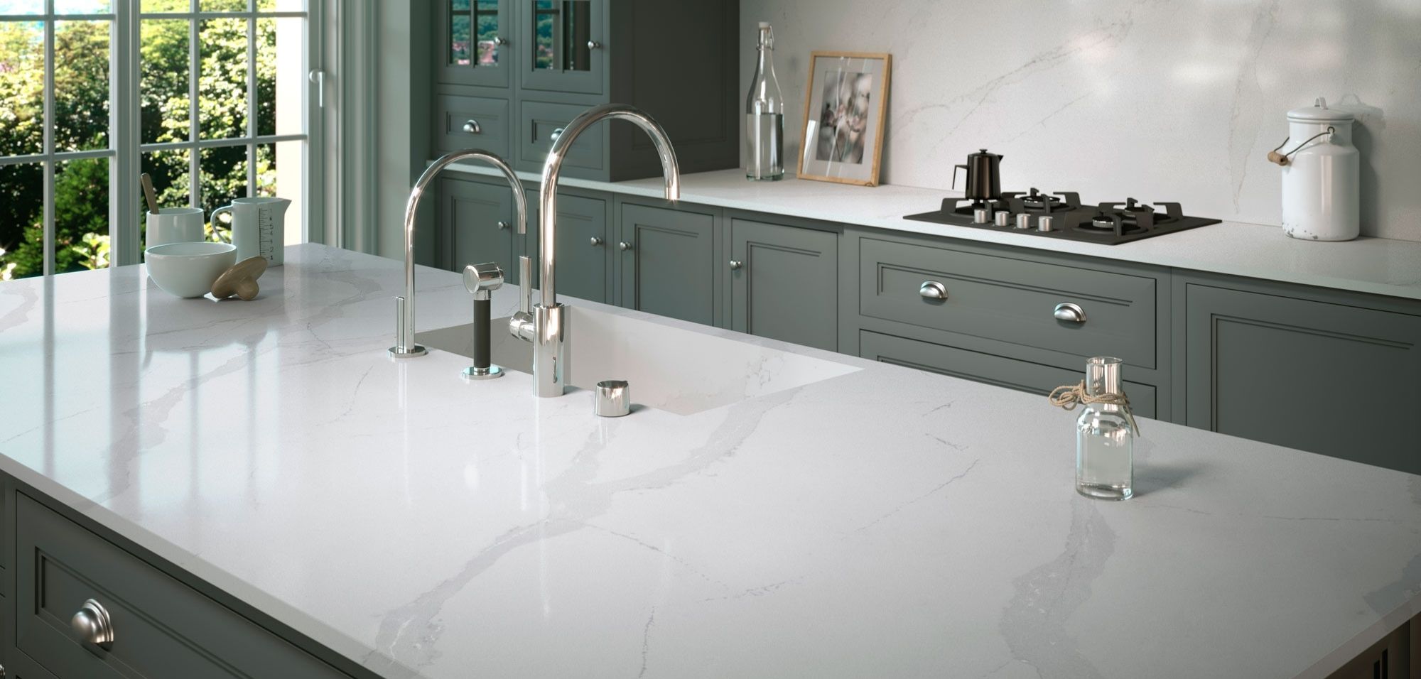 classic calacatta silestone quartz kitchen countertops with full height backsplash