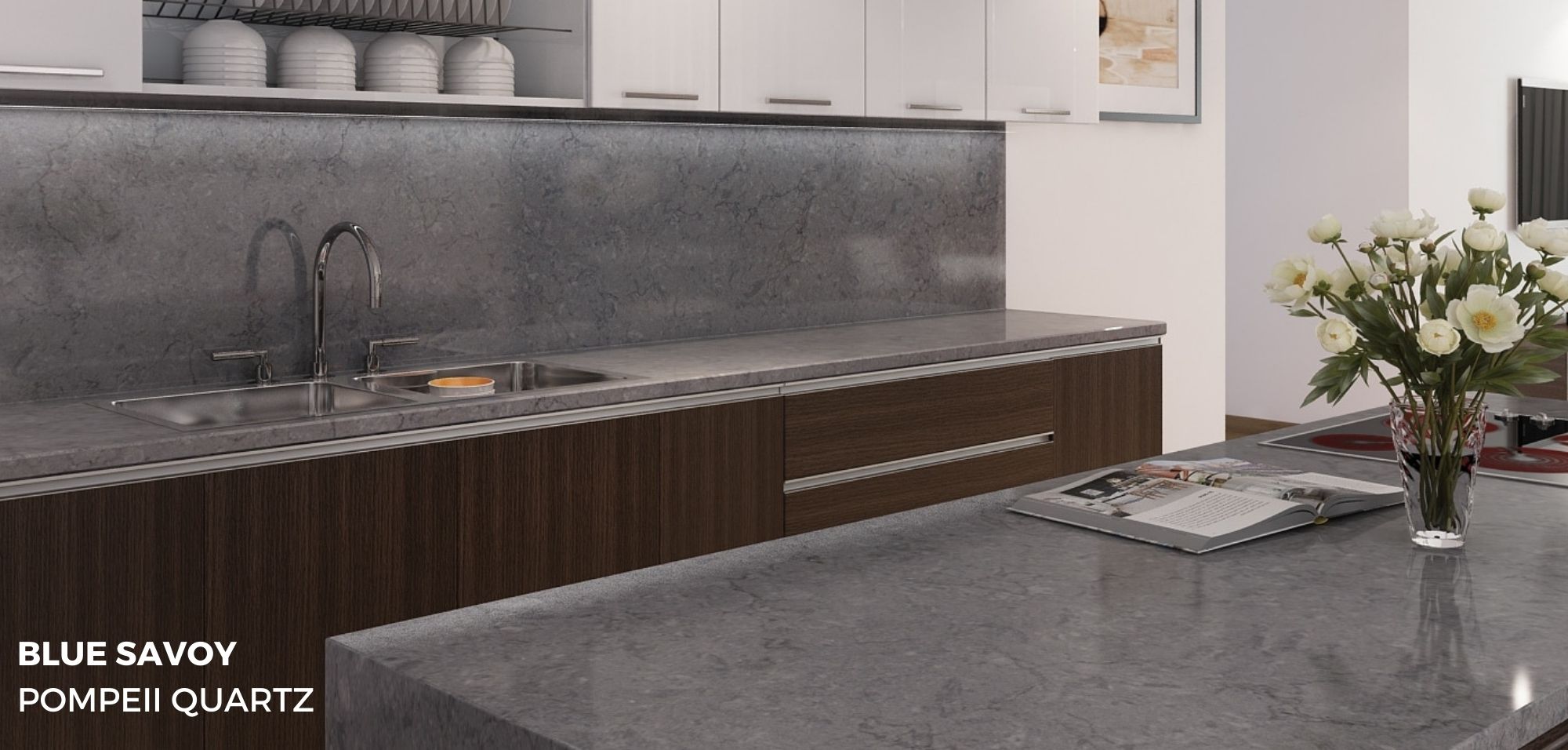 Quartz vs Concrete Countertops Blue Savoy Pompeii Quartz Kitchen Countertops with Full Height Backsplash