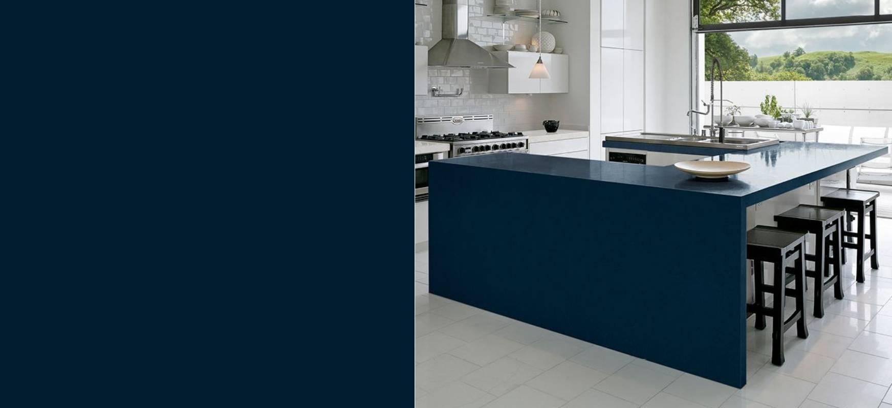 Hadley Cambria Quartz Countertops with Waterfall Panel and Close up Blue Countertops