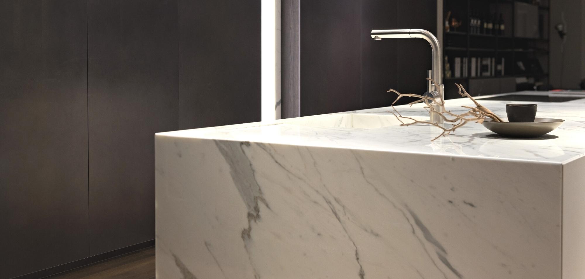 White Calacatta Marble Countertop with Waterfall Panel