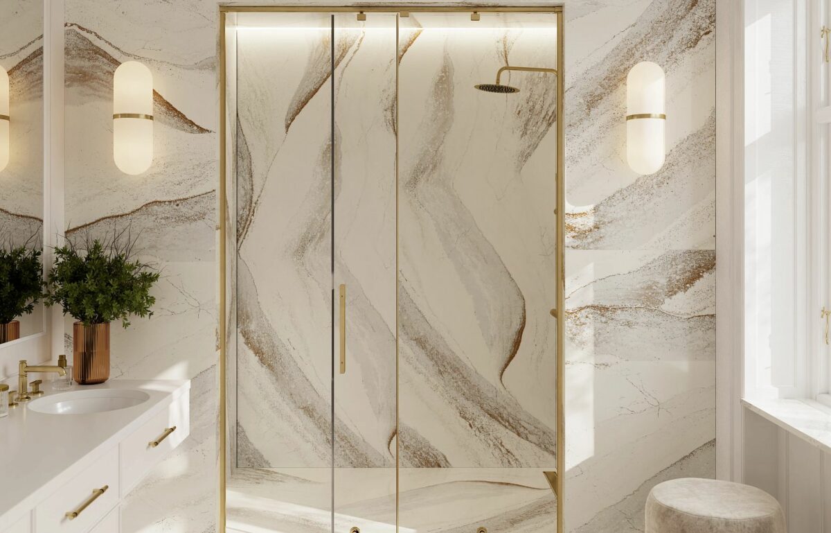 view of rich brown currents flowing against a crisp white background, accented by subtle flashes of radiant brass in Cambria Windsor Brass Quartz design installed on shower walls